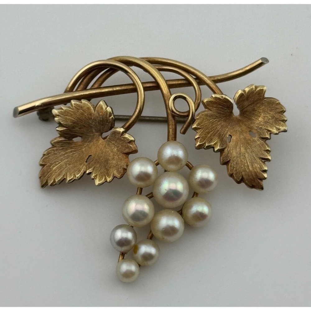 Vintage Krementz Pearl Grapes Leaf Brooch Gold Tone
